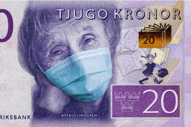 Svensk tjugokronorssedel där Astrid Lindgren har fått en andningsmask