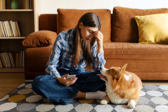 Kvina sitter på golvet och tar sig för pannan, bredvid hund som tittar upp på henne.
